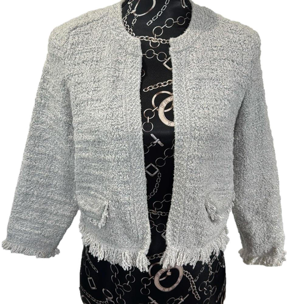 Tweed Jacket Frayed Trim Cropped Collarless‎ 3/4 Sleeve